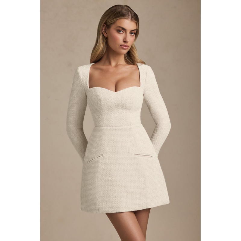 Sweetheart-Neck Structured Mini Dress in Ivory