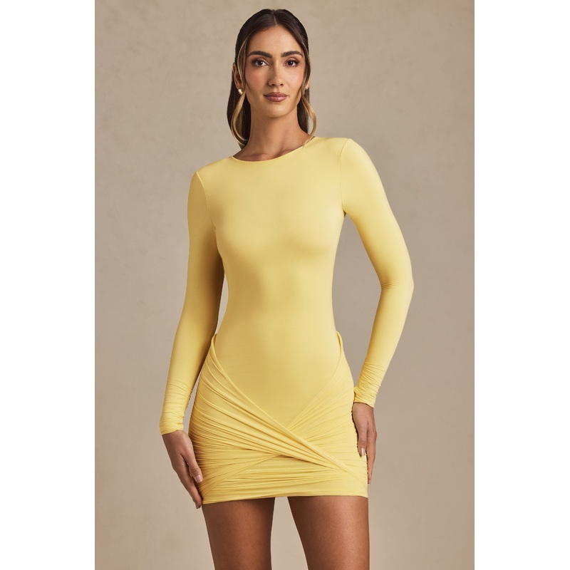 Twist-Front Ruched Backless Mini Dress in Pastel Yellow
