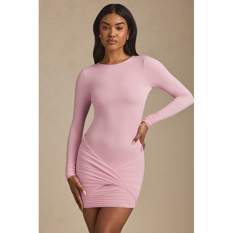 Twist-Front Ruched Backless Mini Dress in Soft Pink