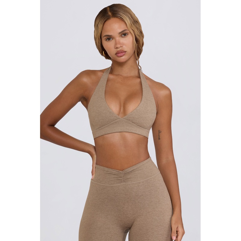 V-Neck Sports Bra in Mocha Marl