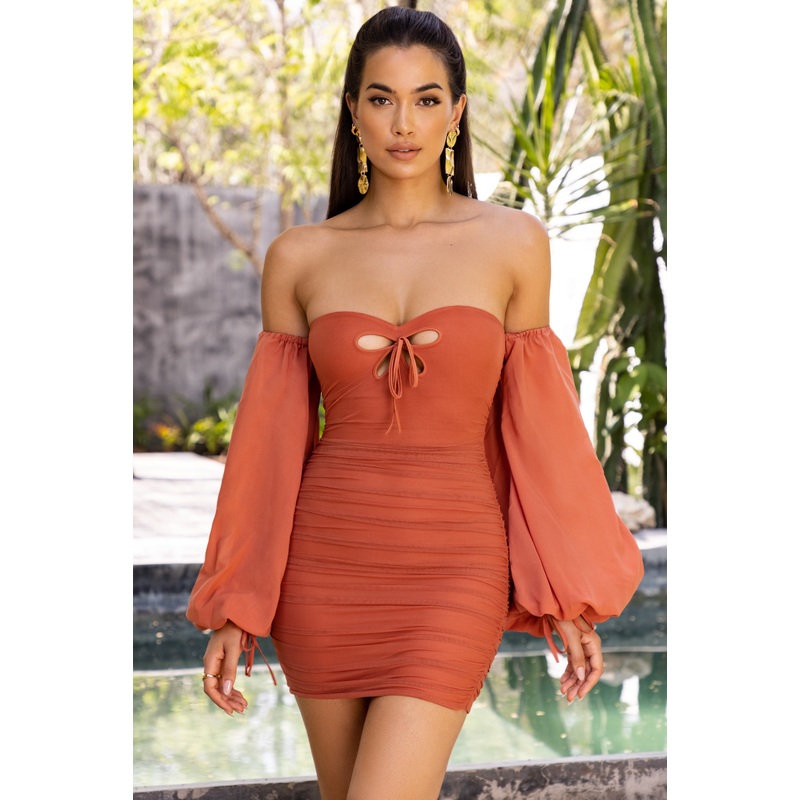 Bardot Ruched Mini Dress in Rust