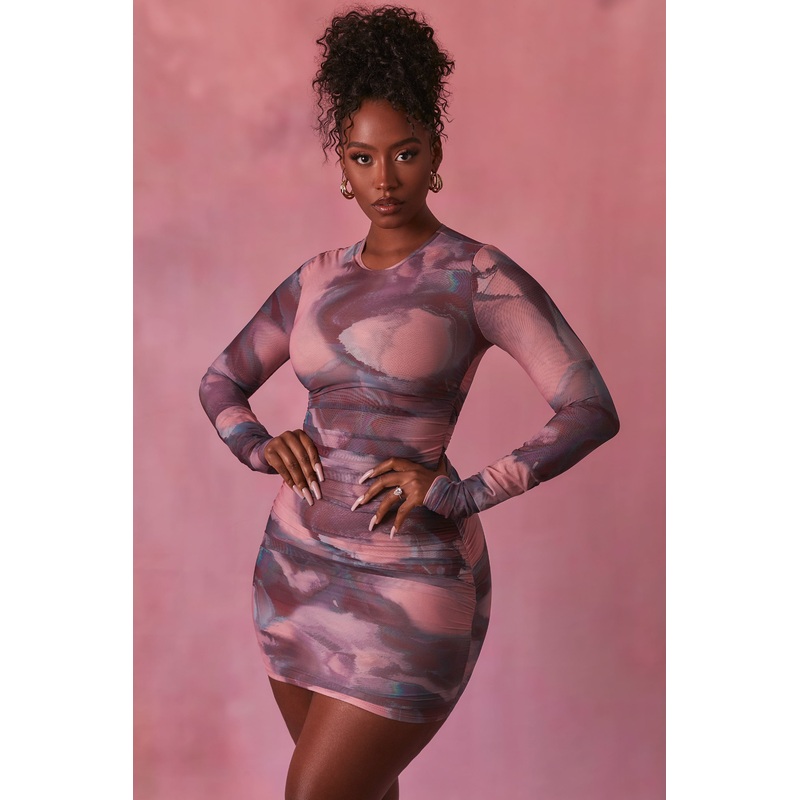 Constellations Long Sleeve Bodycon Ruched Mesh Mini Dress in Blush