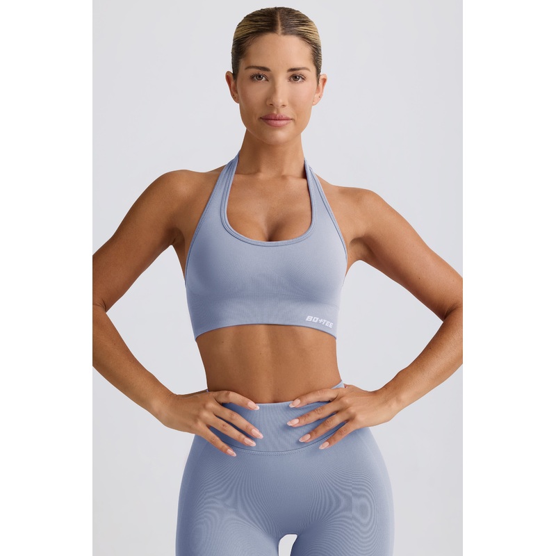 Define Luxe Halterneck Sports Bra in Blue Grey