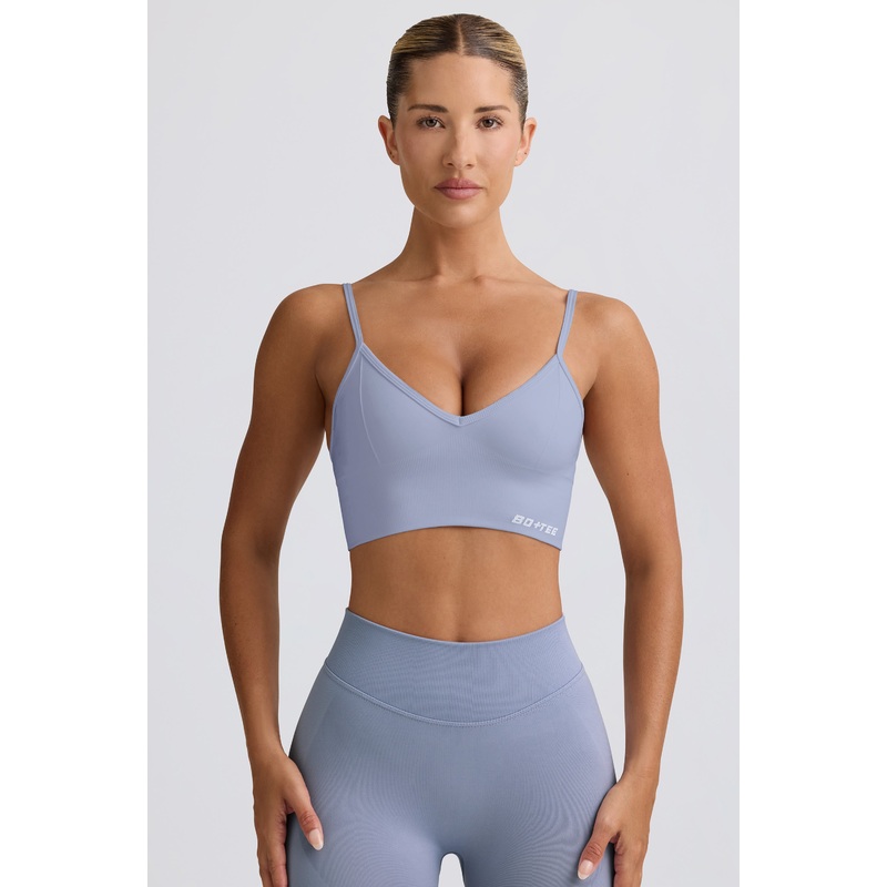 Define Luxe V-Neck Sports Bra in Blue Grey