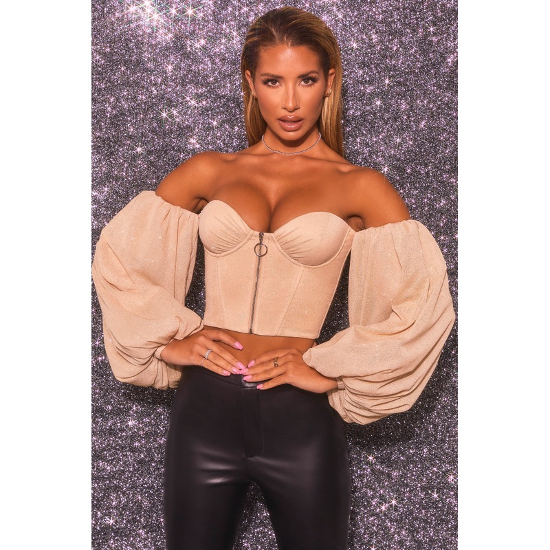Keep On Shining Bardot Puff Sleeve Crop Top in Gold