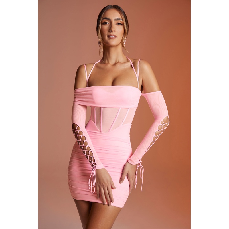 Lace Up Long Sleeve Corset Mini Dress in Pink
