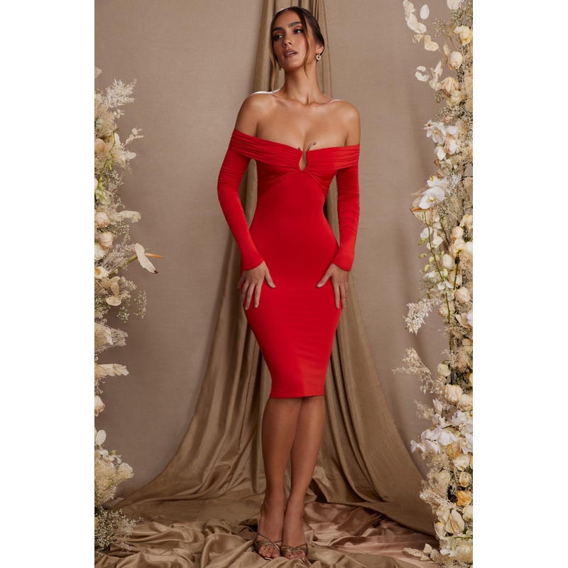 Long Sleeve Bardot Neckline Midi Dress in Red