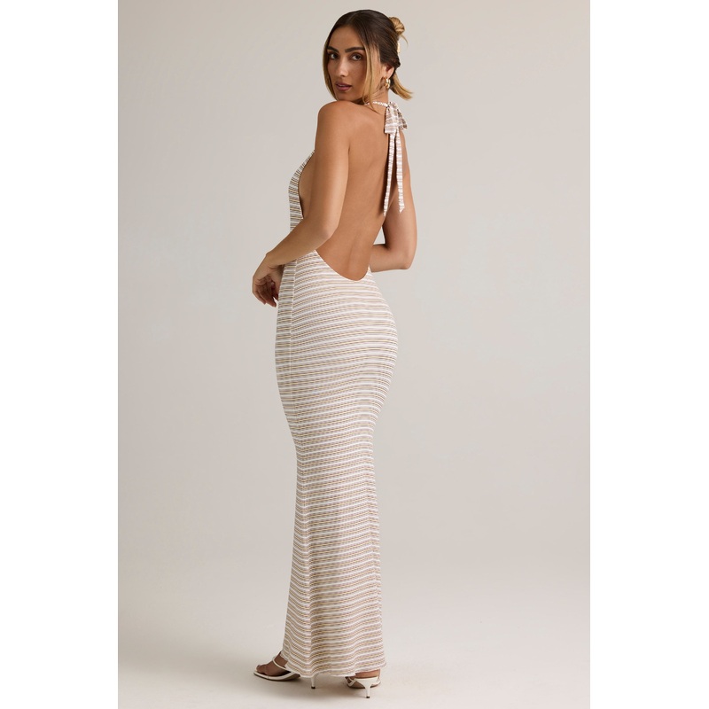Modal Backless Halterneck Maxi Dress in Pink & Yellow Stripe
