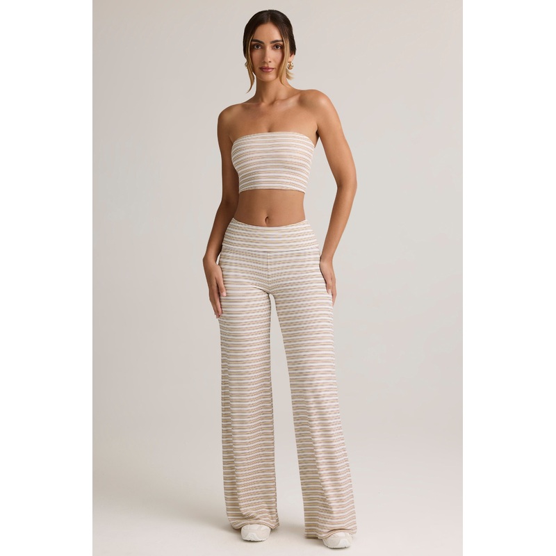 Modal Foldover Wide-Leg Trousers in Pink & Yellow Stripe