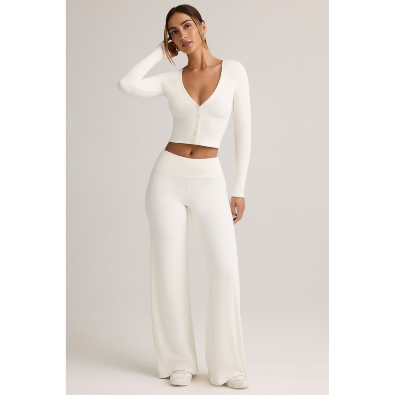 Modal Foldover Wide-Leg Trousers in White