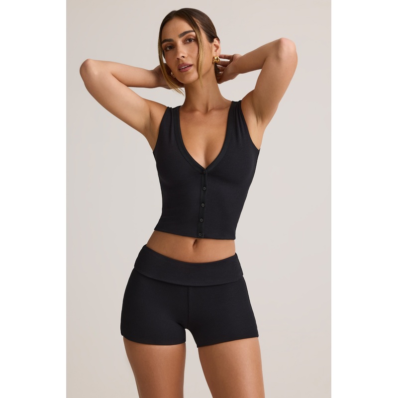 Modal Ribbed Button-Up Vest Top in Black