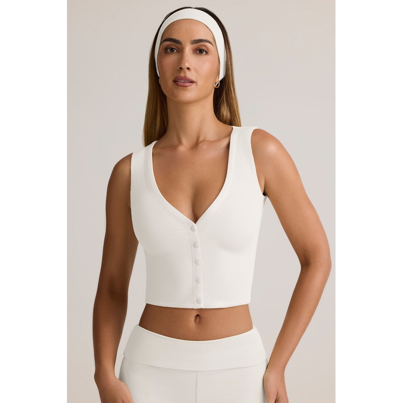Modal Ribbed Button-Up Vest Top in White