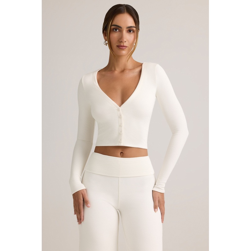 Modal Ribbed Cropped Cardigan in White