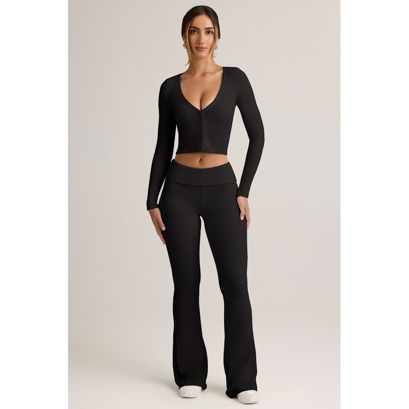 Modal Ribbed Foldover Flared Trousers in Black
