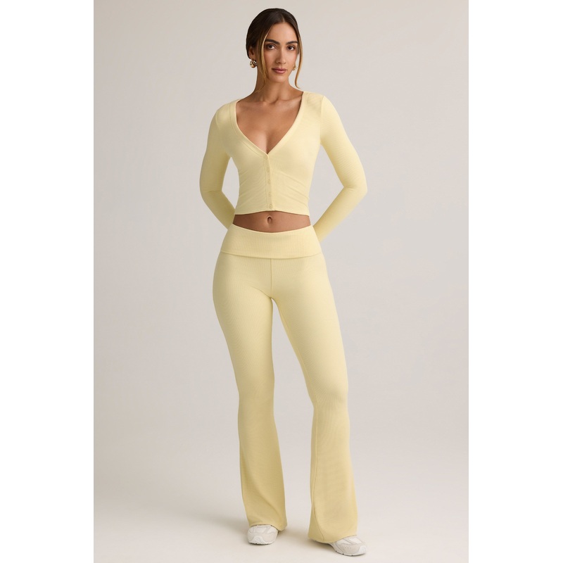 Modal Ribbed Foldover Flared Trousers in Buttercream Yellow