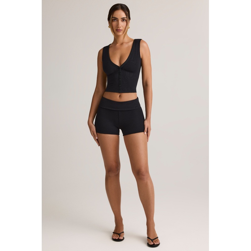 Modal Ribbed Mid-Rise Foldover Shorts in Black