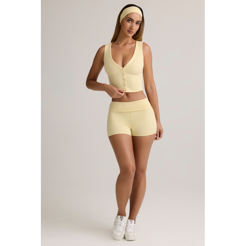 Modal Ribbed Mid-Rise Foldover Shorts in Buttercream Yellow
