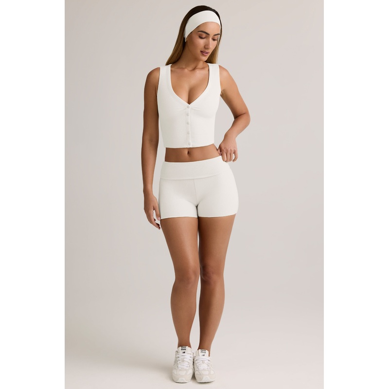 Modal Ribbed Mid-Rise Foldover Shorts in White