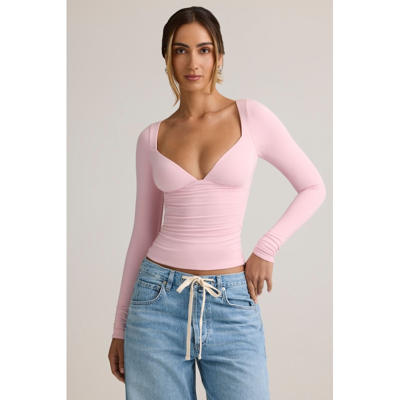 Modal Ruched Long-Sleeve Top in Baby Pink