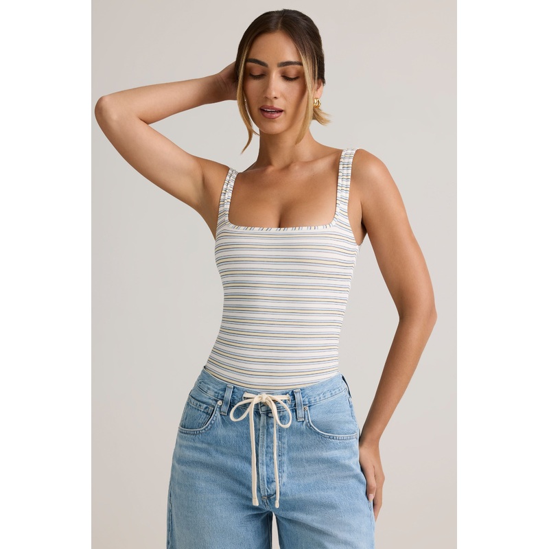 Modal Square-Neck Bodysuit in Blue & Yellow Stripe