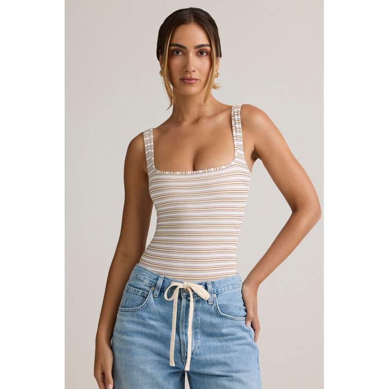 Modal Square-Neck Bodysuit in Pink & Yellow Stripe