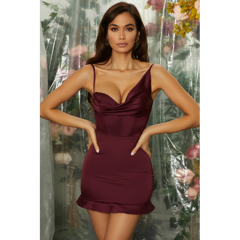 Pleated Hemline Corset Mini Dress in Wine