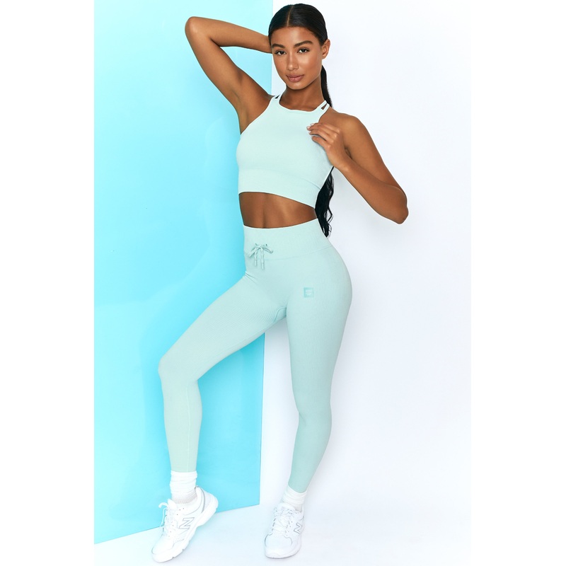Ribbed Tie Front Full Length Leggings in Light Blue