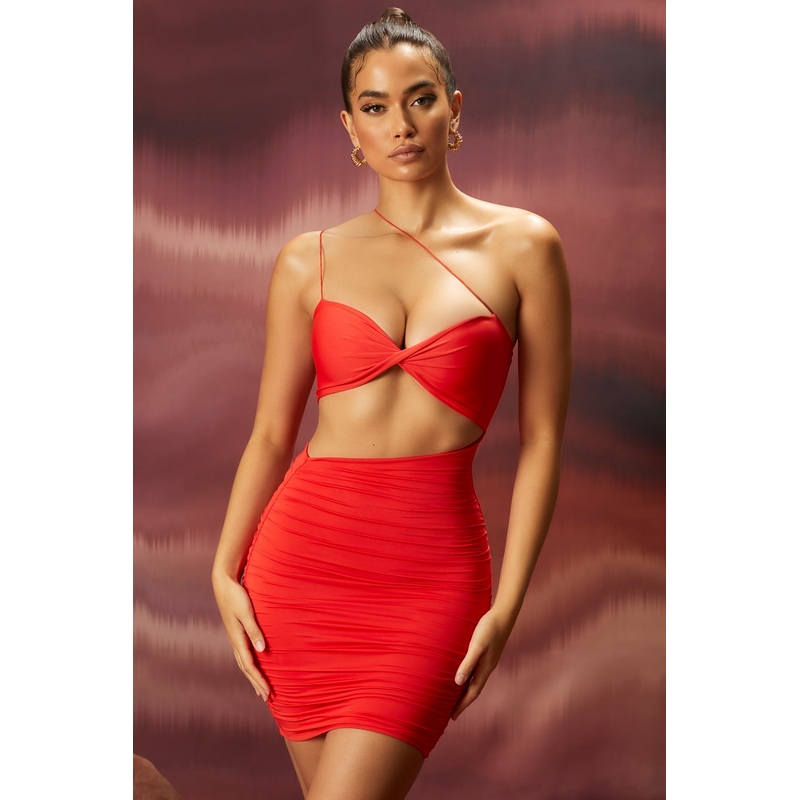 Ruched Asymmetric Mini Dress in Red