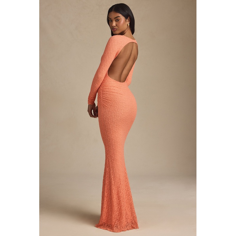 Ruched Backless Lace Maxi Dress in Peach