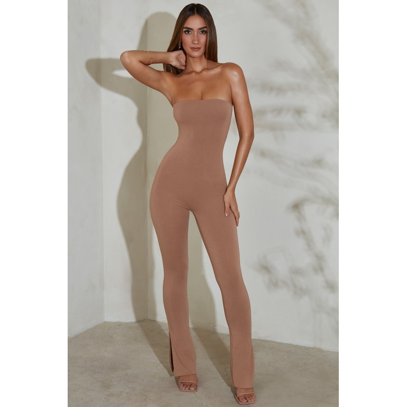 Strapless Flared Hem Jumpsuit in Tan