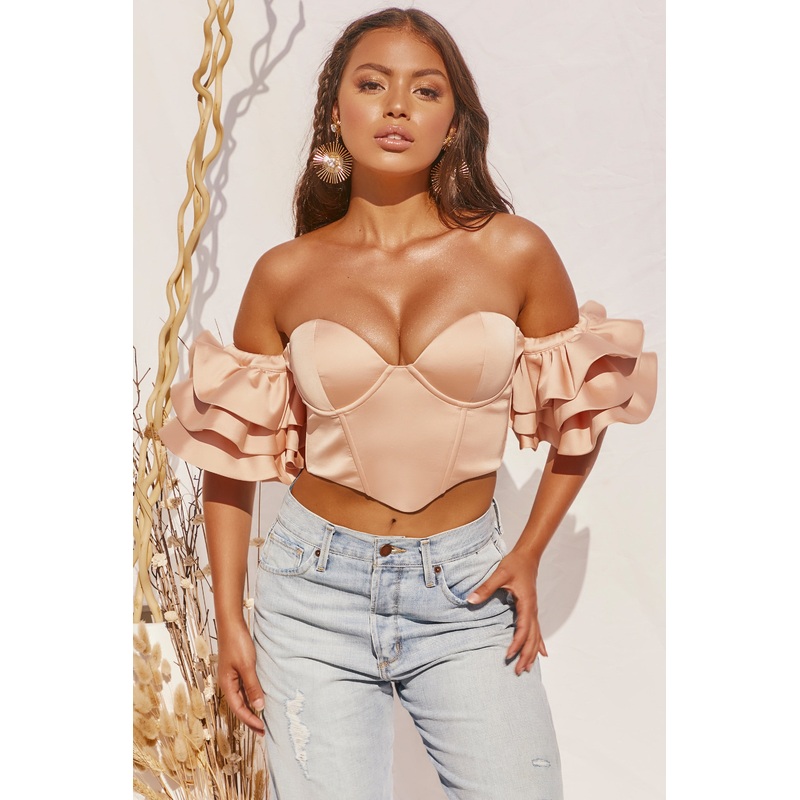 Sweet Bliss Bardot Ruffle Sleeve Crop Top in Peach