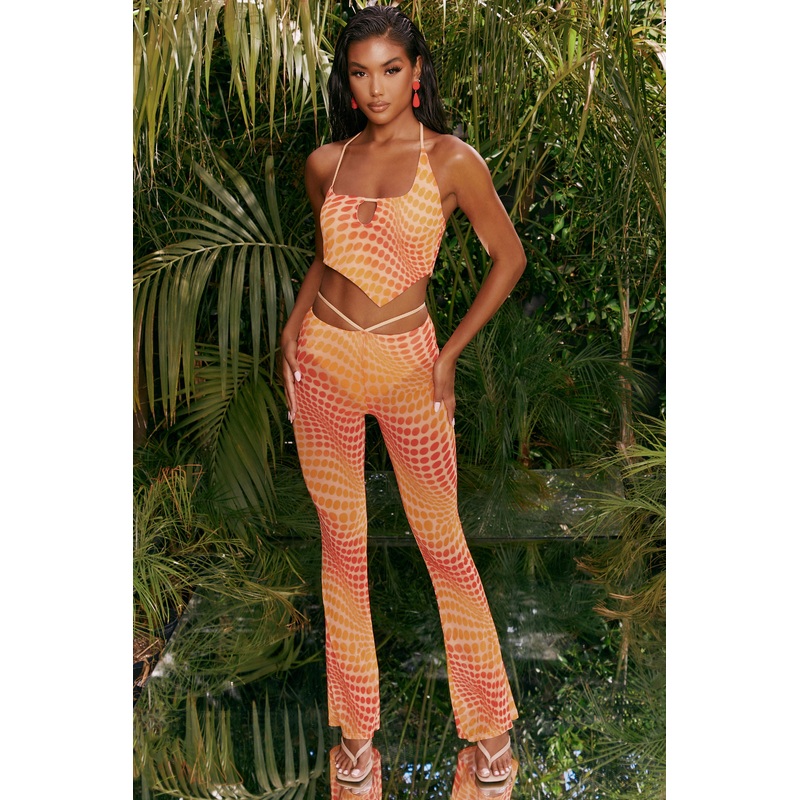 Tall Printed Mesh Flared Trousers in Orange