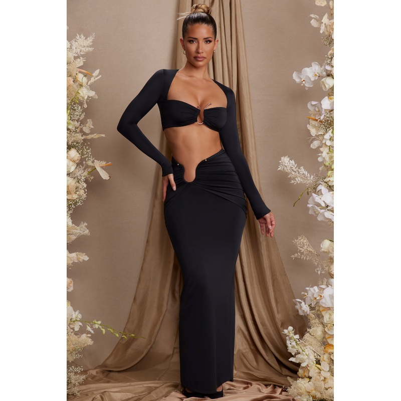 Asymmetric Draped Maxi Skirt in Black