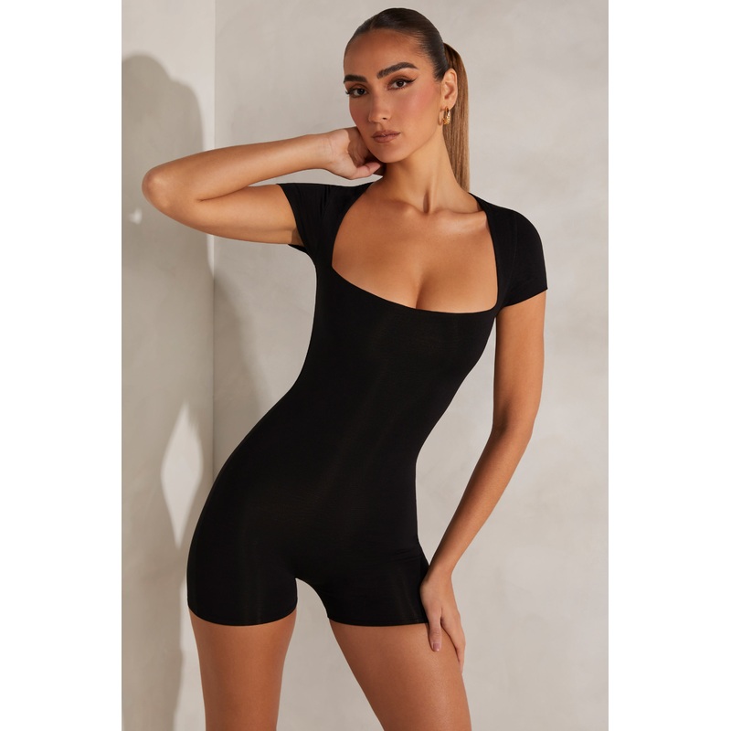 Cap Sleeve Square Neck Unitard in Black