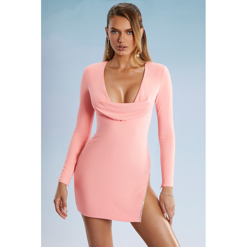 Cowl Neck Thigh Split Mini Dress in Blush