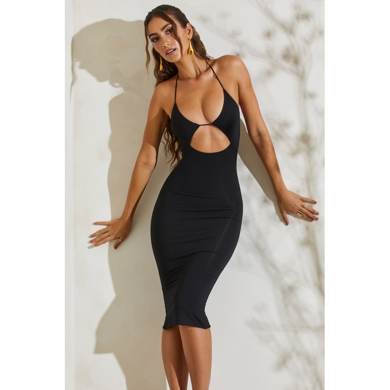 Cut Out Halter Neck Midi Dress in Black