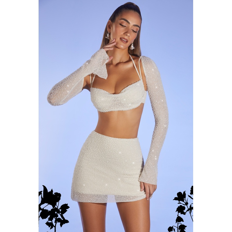 Embellished Long Sleeve Crop Top in Ivory