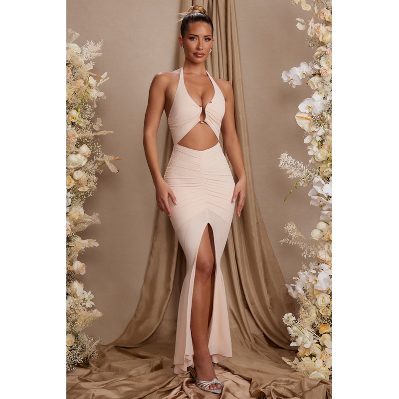 Halterneck Cut Out Maxi Dress in Cream