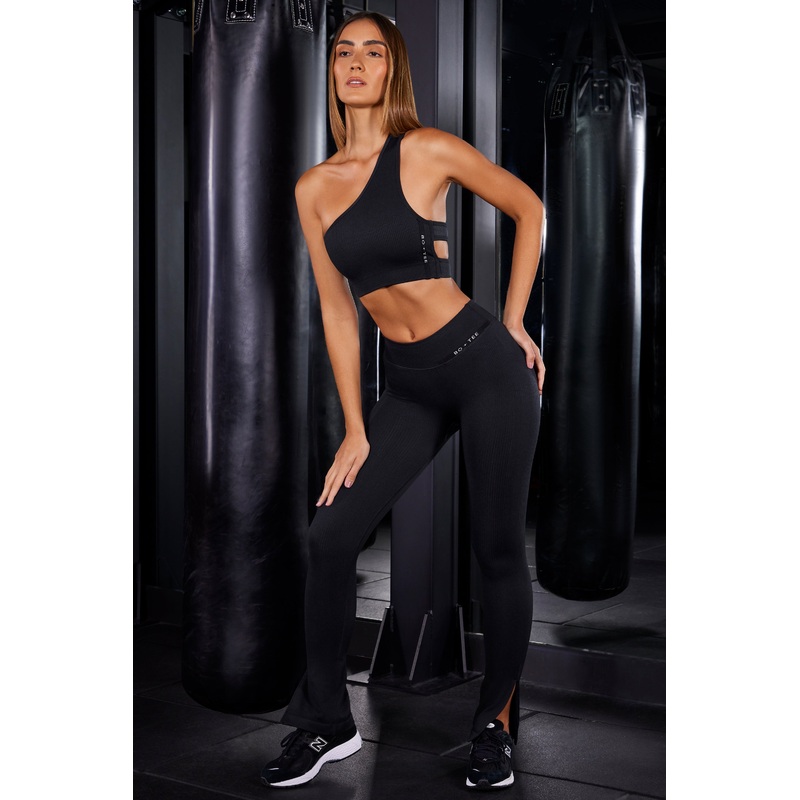 High Waist Split Flare Ribbed Leggings in Black