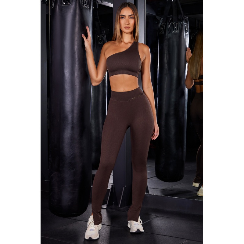 High Waist Split Flare Ribbed Leggings in Brown