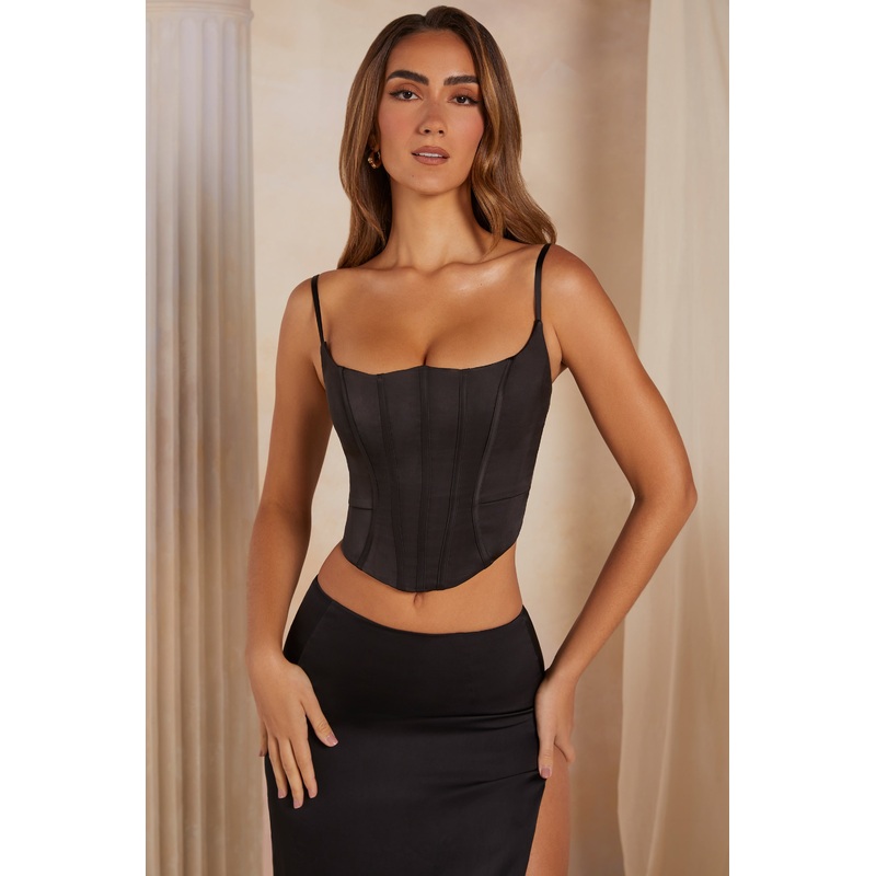 Lace Up Back Satin Corset in Black