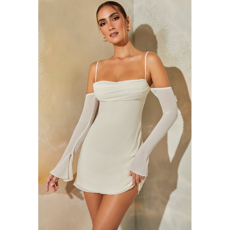 Long Sleeve Bardot Mini Dress in Stone