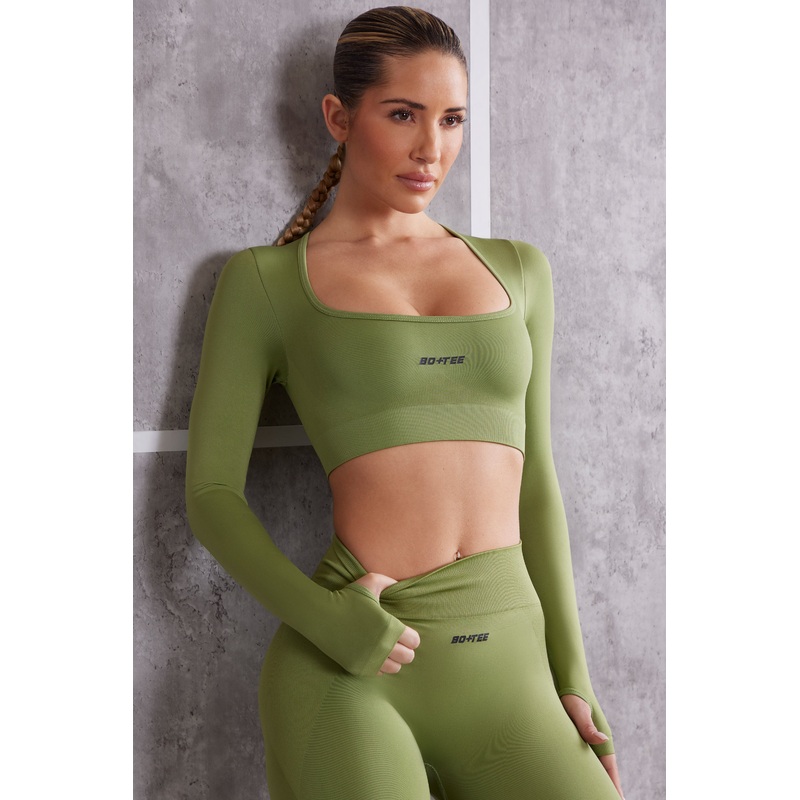 Long Sleeve Crop Top in Olive