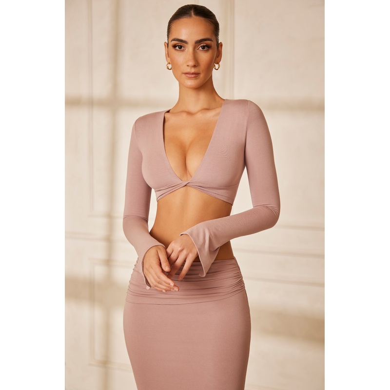 Long Sleeve Front Twist Crop Top in Mauve