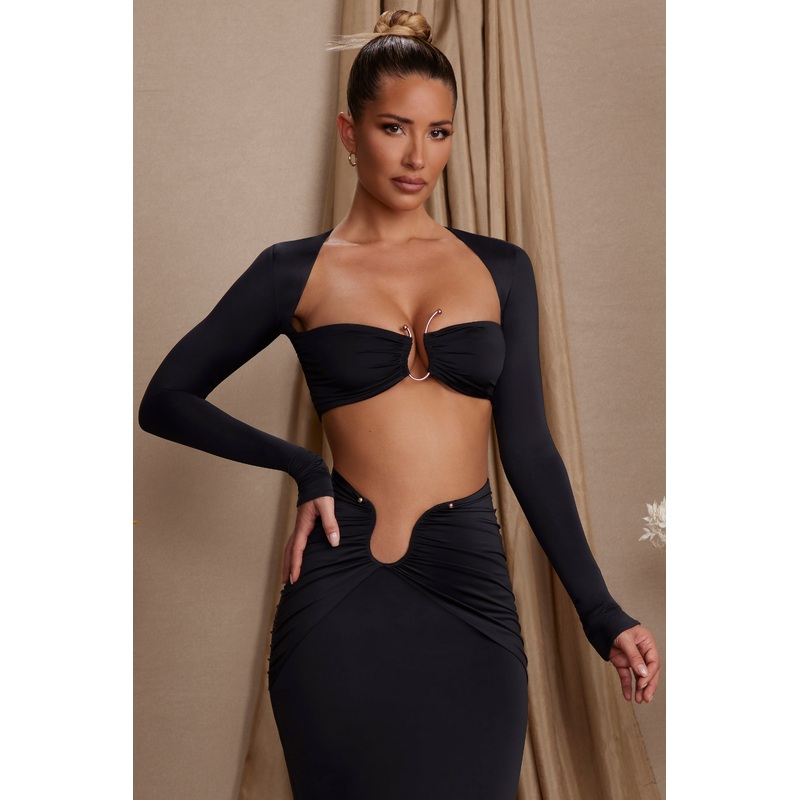 Long Sleeve Ruched Crop Top in Black