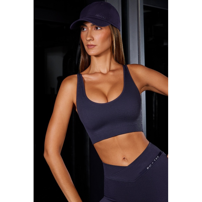Open Back Plunge Neck Sports Bra in Navy