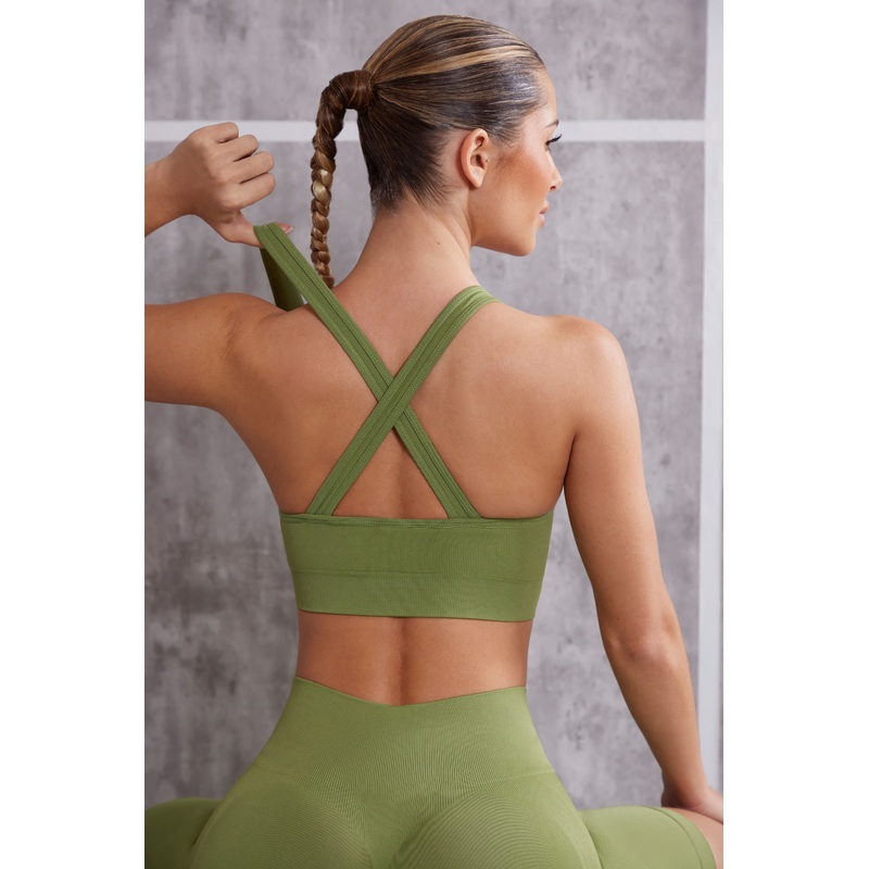 Plunge Neck Sports Bra in Olive