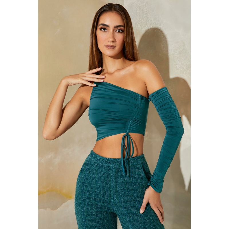 Ruched One Shoulder Crop Top in Teal