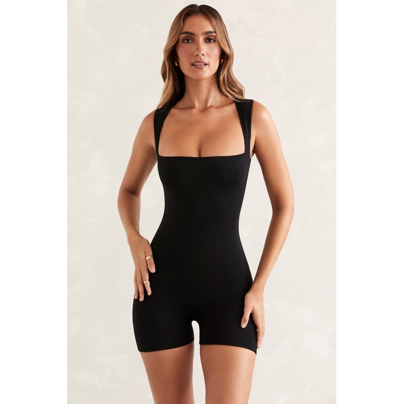 Short Sleeve Square Neck Unitard in Black