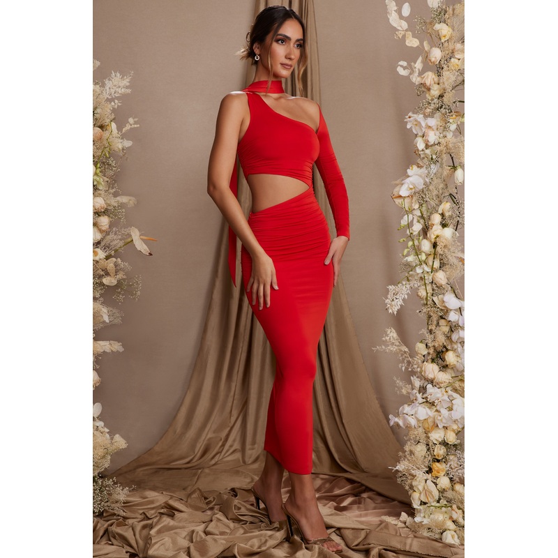 Single Sleeve Cut Out Maxi Dress in Red